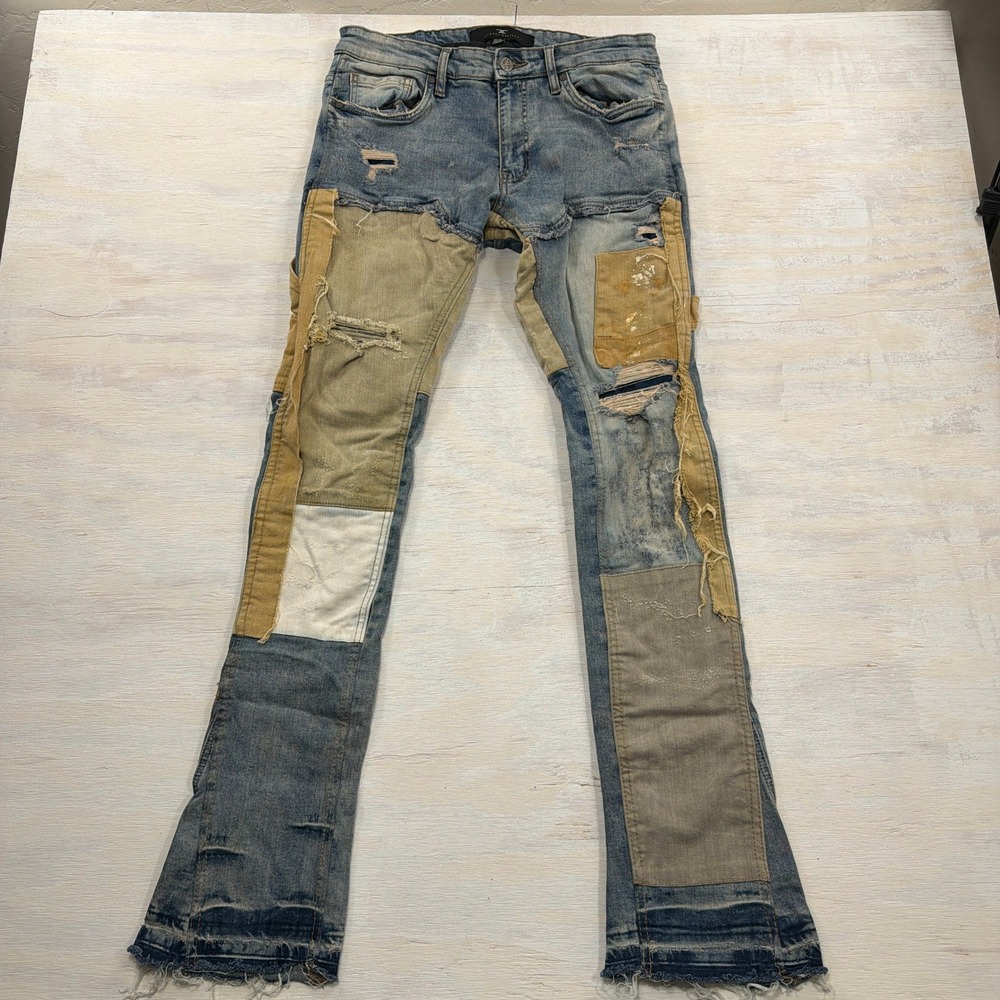 Jordan Craig Jeans Sean Stacked 34/36 Distressed Patchwork Blue Denim Mens